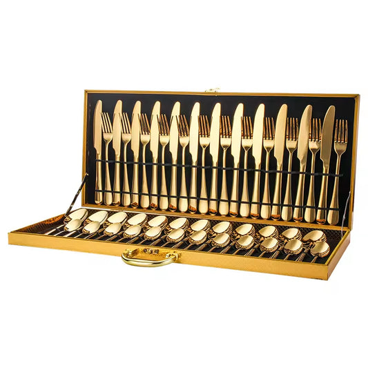 48-Piece Wedding Queue with High-Grade Golden Wooden Box Stainless Steal Cutlery Set