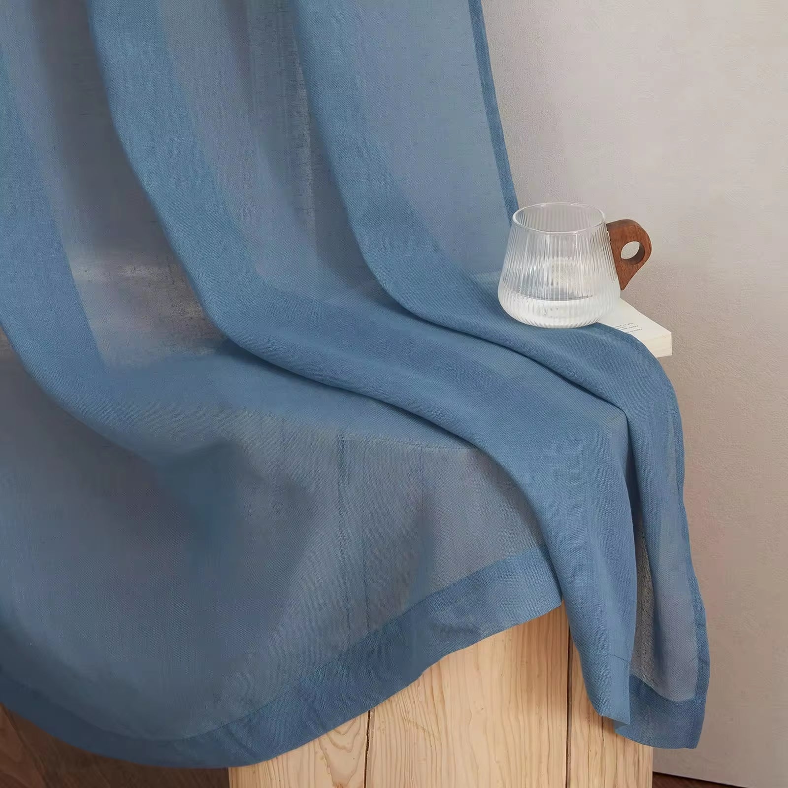 Bindi Grommet Vertical Drapes Flax Linen Blue Semi Sheer Curtains for Living Room