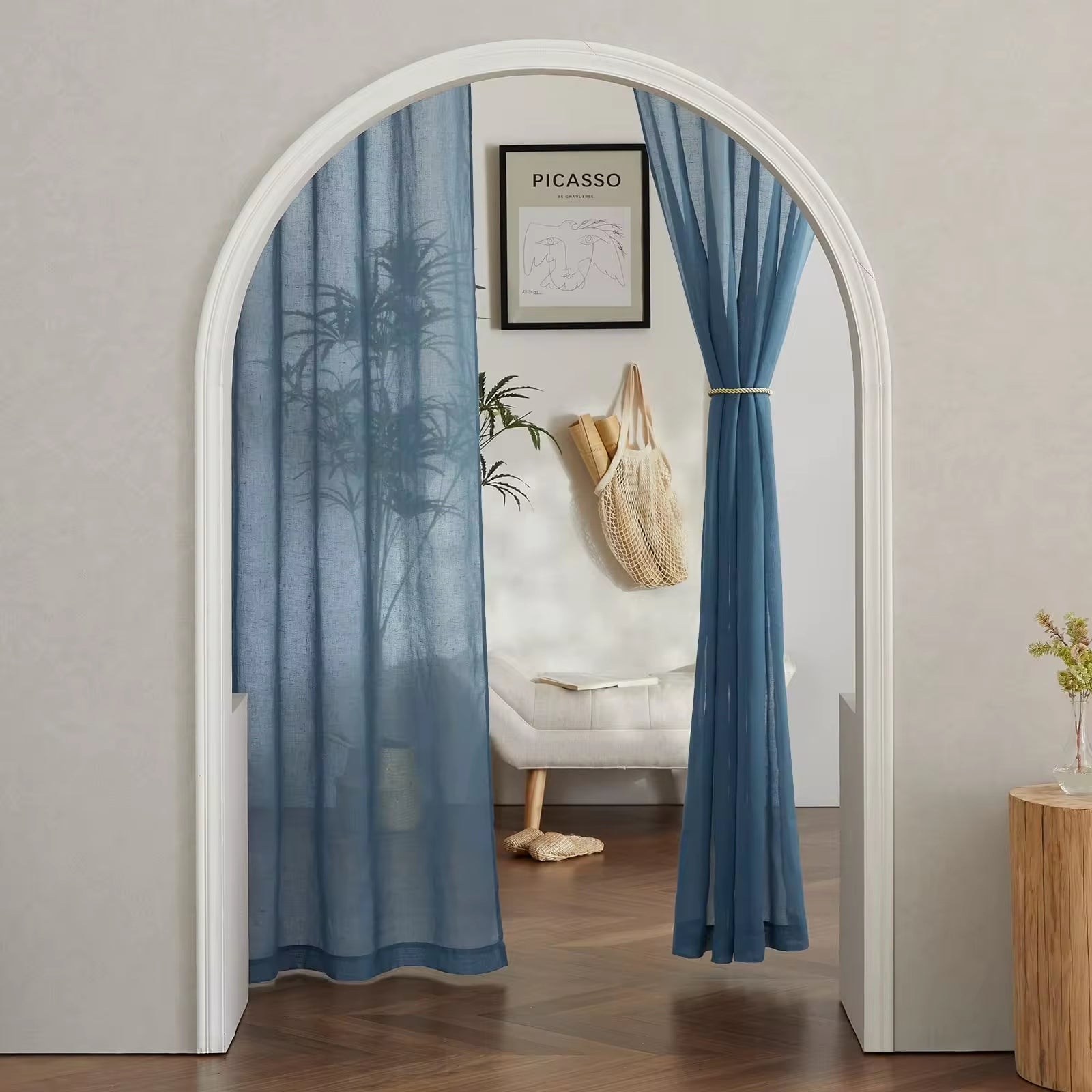 Bindi Grommet Vertical Drapes Flax Linen Blue Semi Sheer Curtains for Living Room
