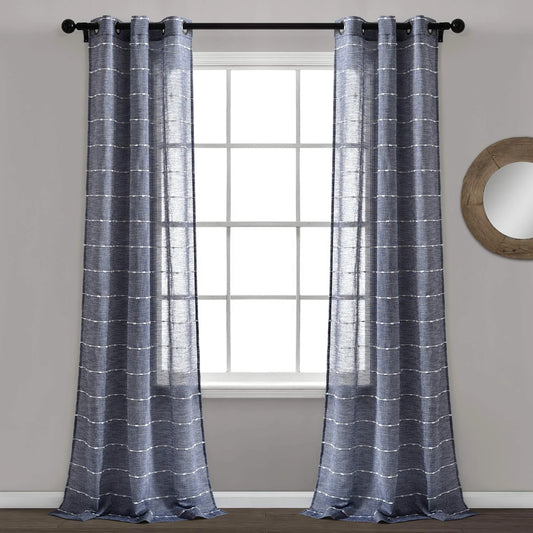 Bindi Navy Blue Textured Geometric Grommet Curtains Dolly Meteor Yarn Sheer Curtains for Home the Living Room