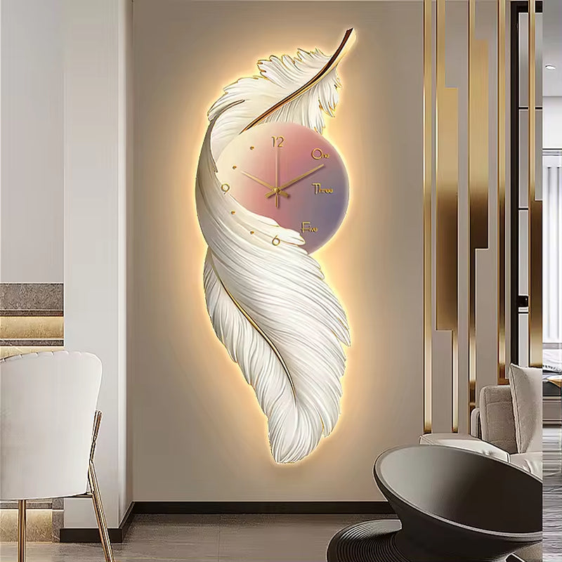 Modern Luxury Feather Wall Art with Led Lights Acrylic Uv Printing Ideas Lamp Mural Luminous Led Light Painting with Clock